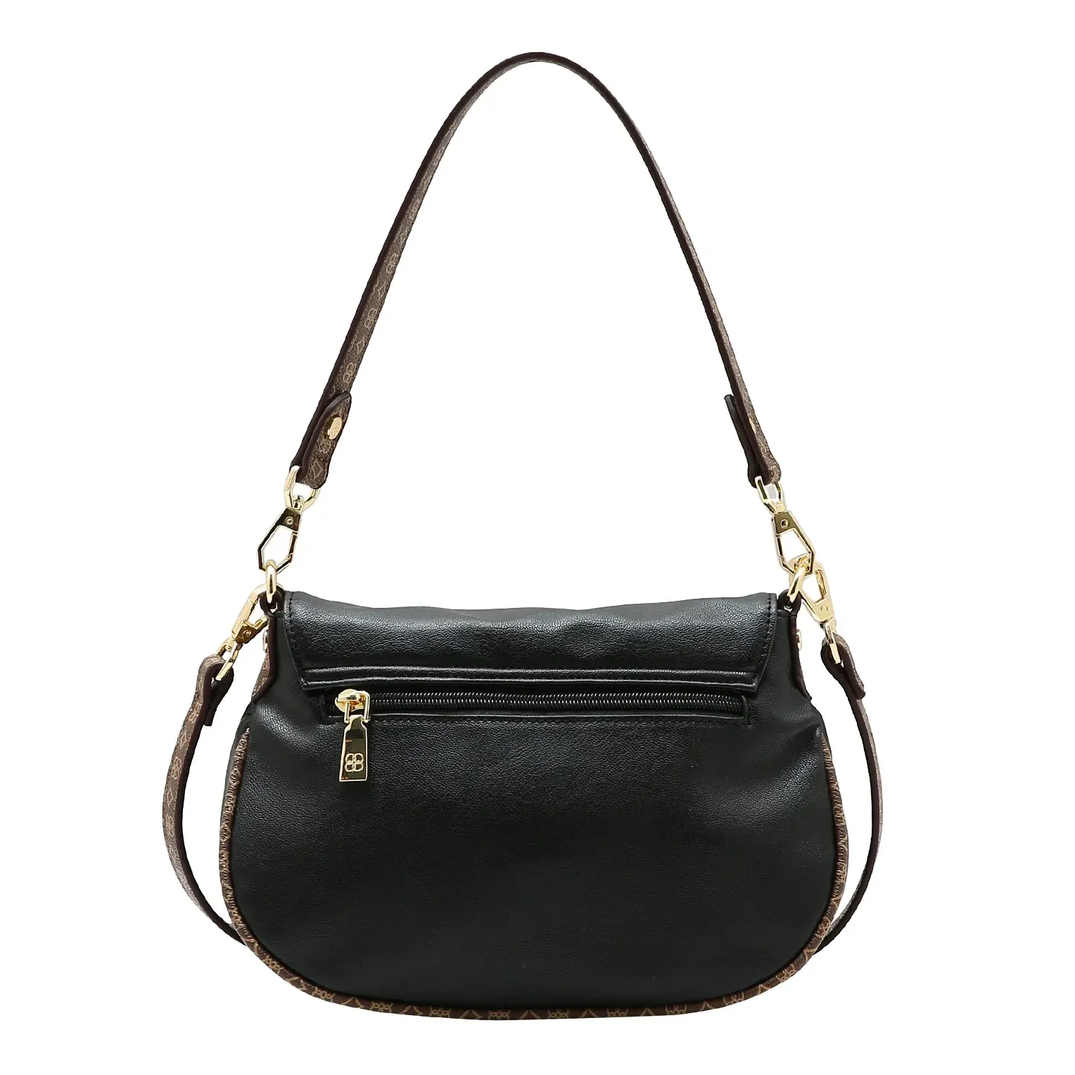 Bolsa Chenson feminina preta vista traseira com bolso externo e alça longa monograma
